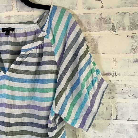 Talbots Women Linen Shirt S/S Top White Blue Stripes Coastal Stripe Petite Large - Picture 4 of 7
